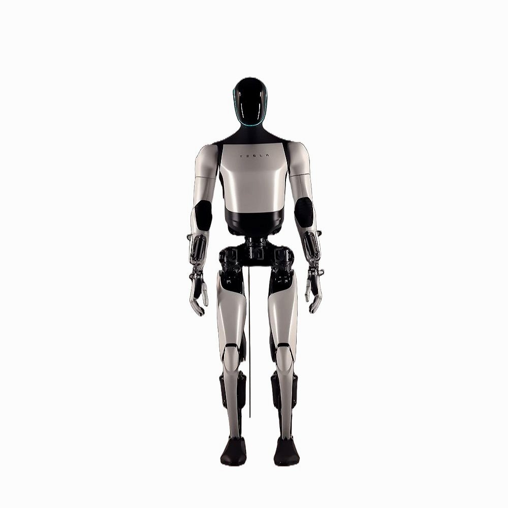 Tesla Optimus humanoid robot standing in a white studio