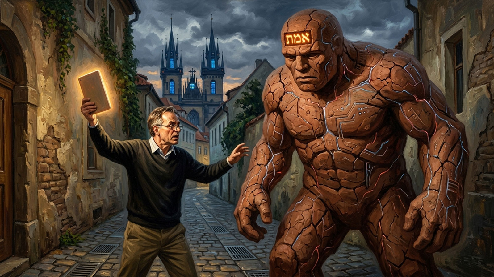 A clay giant with the Hebrew word emet inscribed on its forehead facing a robed rabbi raising a wooden staff in a Prague alleyway, with the city's gothic skyline visible behind them