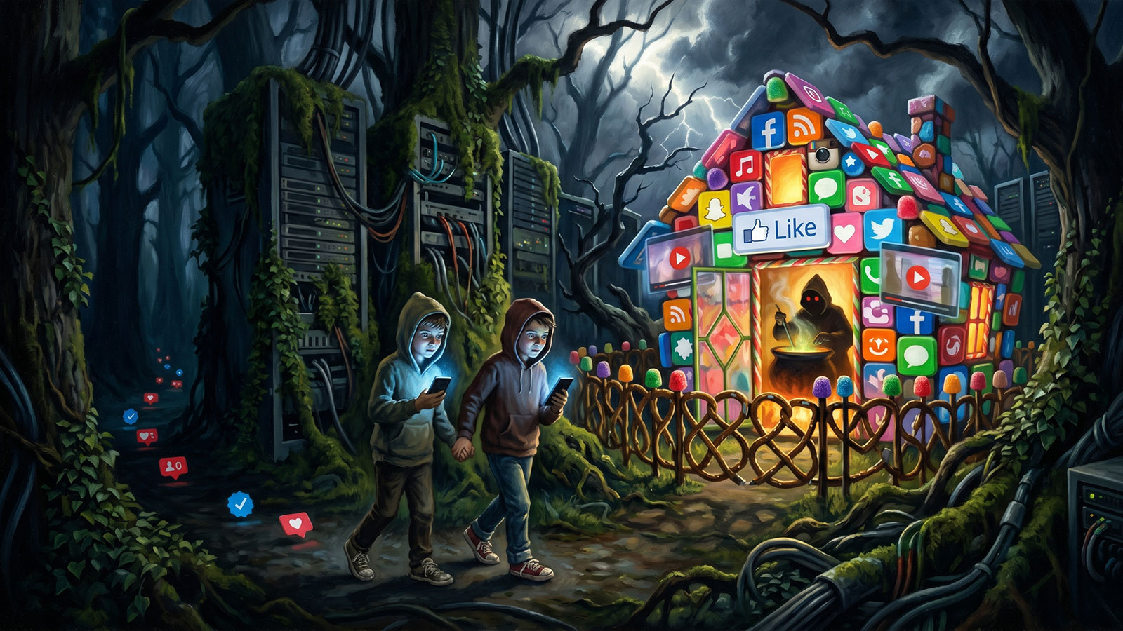 Two children walking through a dark forest, following a trail of white pebbles toward a gingerbread house decorated with candy