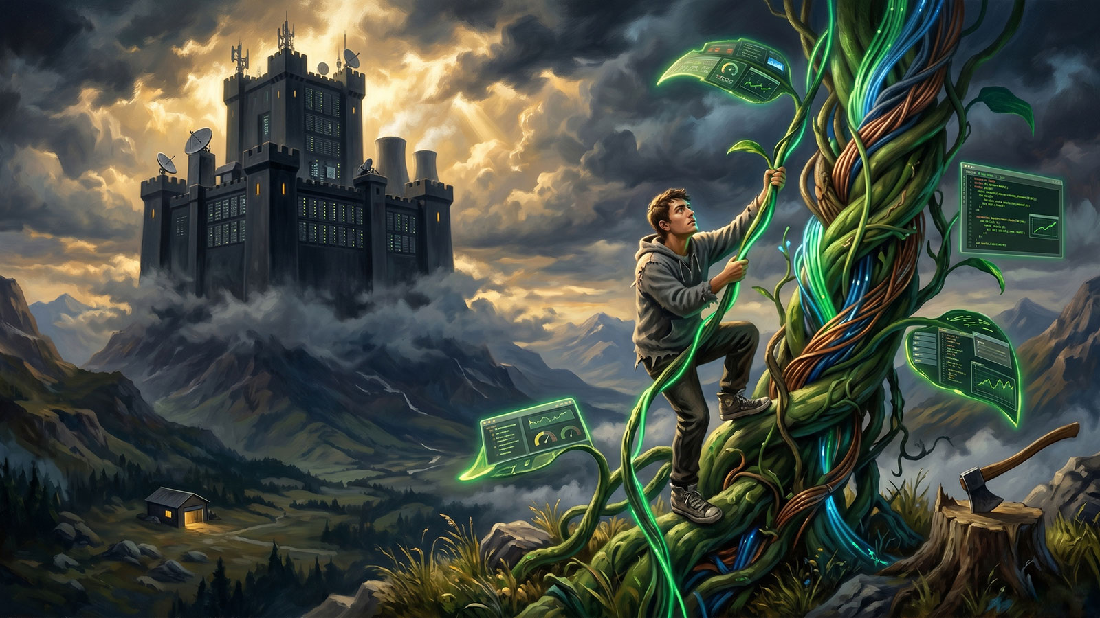 A young man climbing an enormous beanstalk above a valley, with a stormy castle visible in the distant clouds