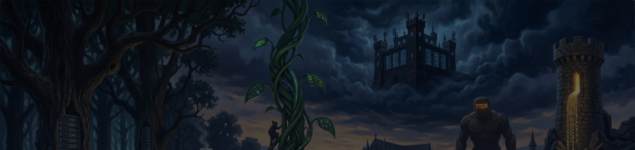 A darkened cinematic panorama of the AI transition as mythic landscape: a datacenter-castle adrift in storm clouds, a great beanstalk, server racks among ancient trees, a clay golem, and a tower bleeding golden code