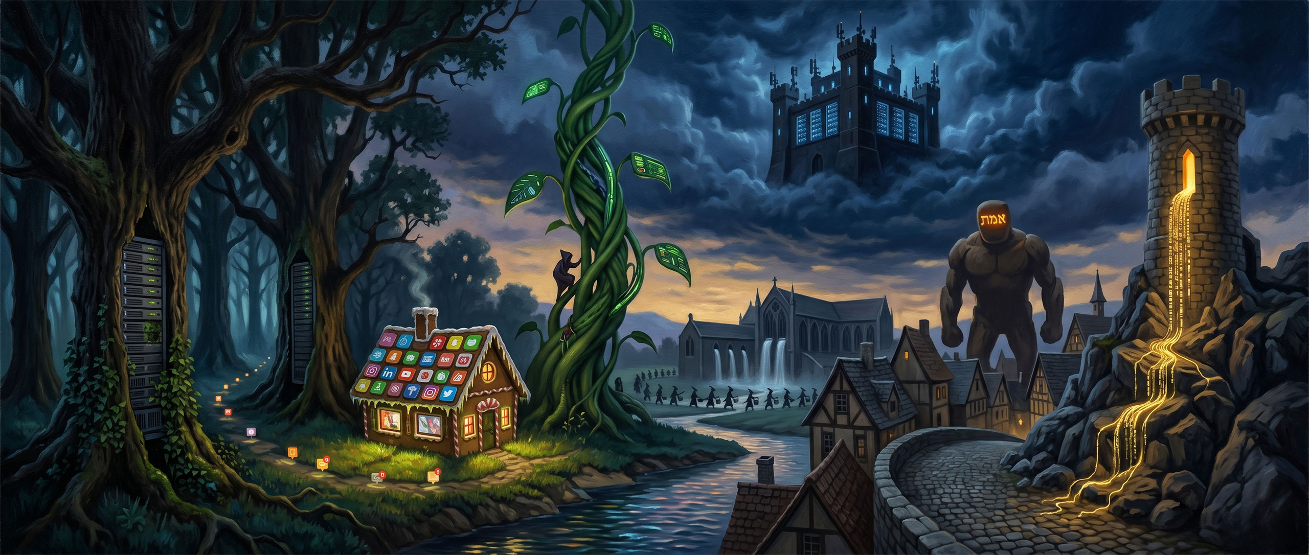 A panoramic painted landscape at twilight where five fairy tale settings coexist as a single mythic geography of the AI transition: a dark forest with a glowing gingerbread cottage, a colossal beanstalk climbing into a stormy sky, a giant's datacenter-castle in the clouds, a clay golem standing among Prague rooftops, a tower spilling golden thread, and a sorcerer's abbey flooded with water