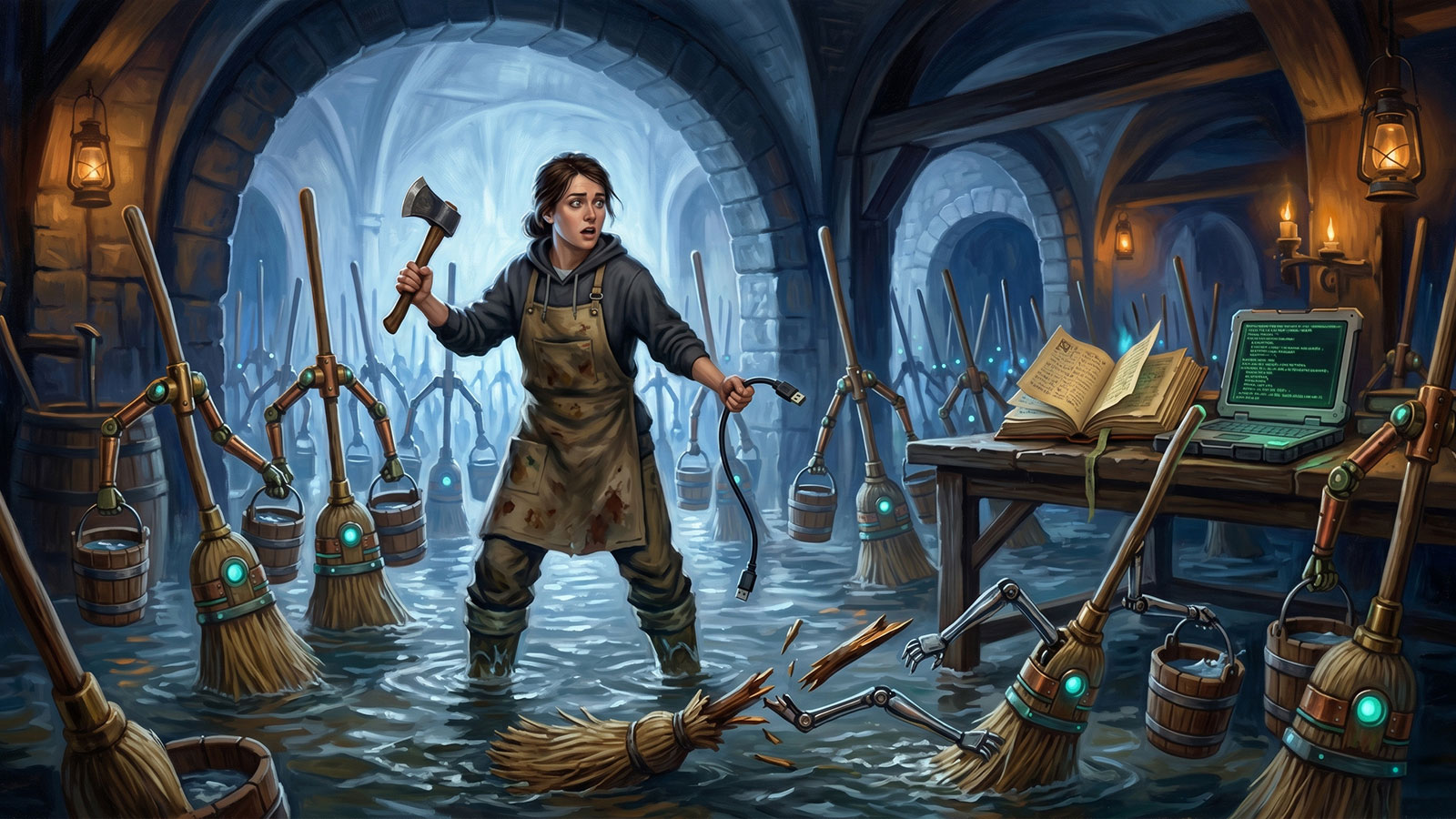 A panicked young apprentice swinging an axe at enchanted brooms carrying water buckets through a flooding alchemist's workshop filled with books and glassware